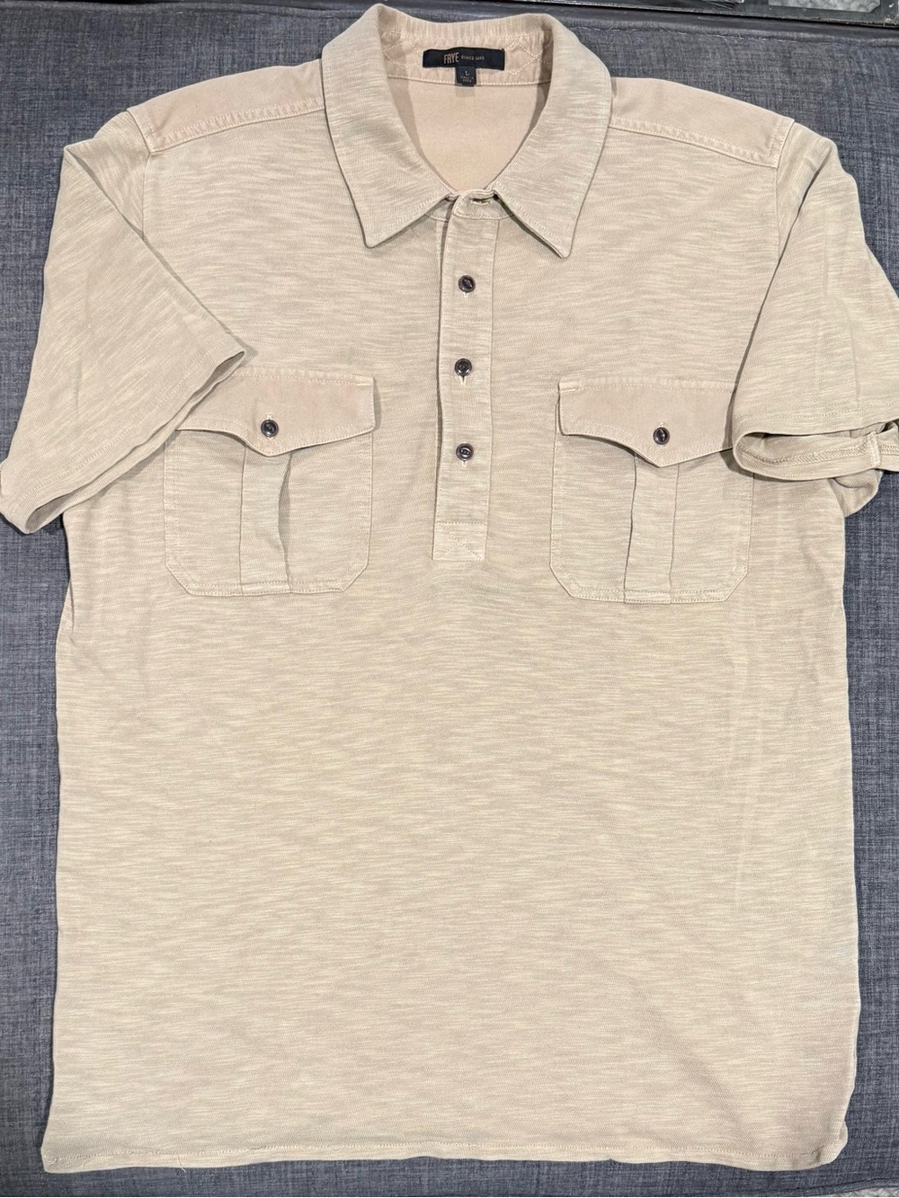 Frye Men's Tan Short-Sleeve Polo with Dual Chest Pockets